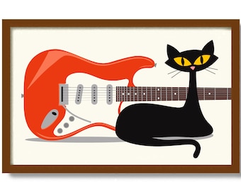 Mid Century Modern Art, Black Cat Art Print, Cat Lover Gift, Guitar Player, Electric Guitar, Vinyl Record Storage, Old Record Player