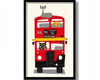 London Cat Art Print, Red Double Decker Bus, British Decor