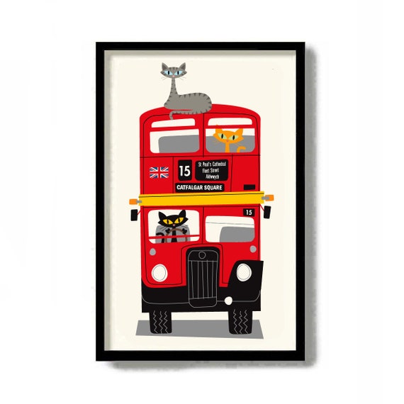 London Cat Art Print, Red Double Decker Bus, British Decor