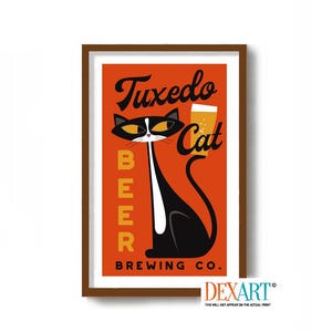 Tuxedo Cat Art Print, Cat Dad Gift, Cat Lover Gift, Kitchen Art Print, Mid Century Modern Art, Beer Drinker Gift, Bar Decor