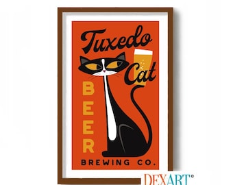 Lámina artística de gato con esmoquin, regalo para papá felino, regalo para amantes de los gatos, lámina artística de cocina, arte moderno de mediados de siglo, regalo para bebedores de cerveza, decoración de bar