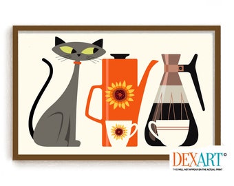 Mid Century Modern Cat and Coffee Art Print, Wall Art, Gray Cat Art Print, Kitchen Lover Gift, Retro Coffee Pot, DexMex Atomic Star Decor
