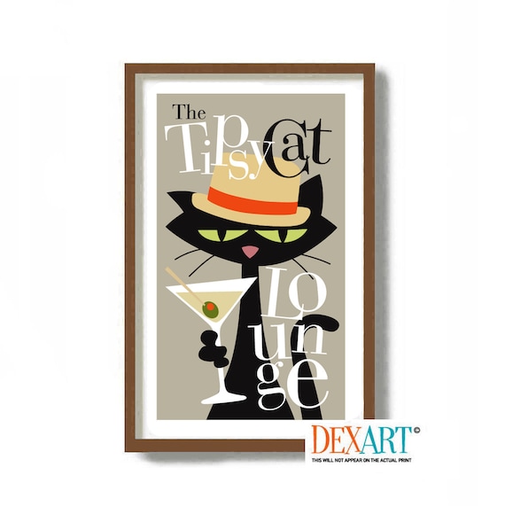 Black Cat Art Martini Print, Cat Lover Gift, Mid Century Modern