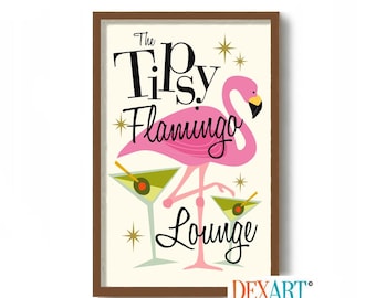 May include: A pink flamingo with martini glasses in its legs, with the text "The Tipsy Flamingo Lounge" in black cursive lettering. The background is a light cream color with gold stars.