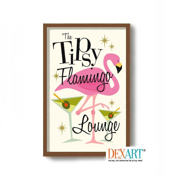Mid Century Modern Atomic Cocktail Bar Wall Art, Pink Flamingo Art Print, Martini Glass, Bartender Gift, Tiki Bar Decor, Alcohol Wall Art