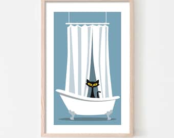 Bathroom Decor Cat Art Print, Mid Century Modern Bathroom Art, Black Cat Lover Gift Idea, Claw Foot Tub, Cat Poster, Bath time Wall Art