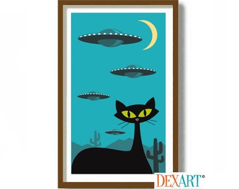 UFO Cat Art Print, Mid Century Modern Art Print, Roswell, Flying Saucer, Sci Fi Art, Black Cat Lover Gift, Science Fiction, Southwest Decor