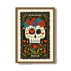 Sugar Skull Decor, Mexican Folk Art, Mexico City, Spanish Decor Art Print, La Catrina, Welcome Friends, Vertical Welcome Sign
