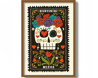 Sugar Skull Decor, Mexican Folk Art, Mexico City, Spanish Decor Art Print, La Catrina, Welcome Friends, Vertical Welcome Sign