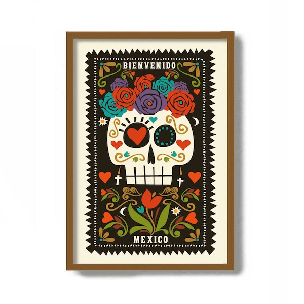 Sugar Skull Decor, Mexican Folk Art, Mexico City, Spanish Decor Art Print, La Catrina, Welcome Friends, Vertical Welcome Sign