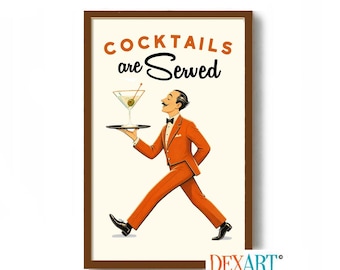 Cocktail Poster, Vintage Bartender Wall Art Print, Martini Decor, Signature Mid Century Modern Art Bar Sign, Bartender Gift, Retro Waiter