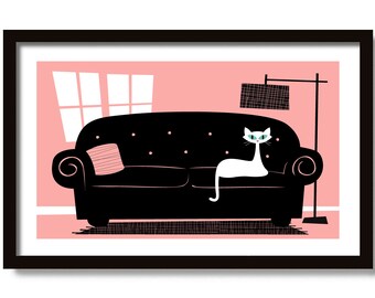 Mid Century Modern Art, White Cat Art Print, Chesterfield Sofa, Cat Lover Gift, Vintage Couch, Living Room Decor, Cat Wall Decor
