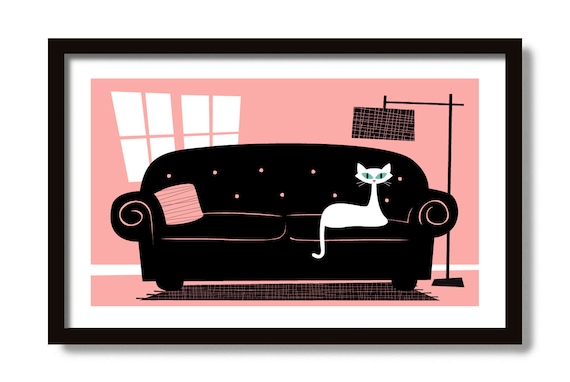 Mid Century Modern Art, White Cat Art Print, Chesterfield Sofa, Cat Lover Gift, Vintage Couch, Living Room Decor, Cat Wall Decor