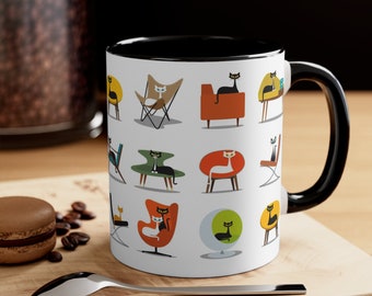 Mid Century Modern Cat Mug, Retro Coffee Mug, 11oz Cup, Palm Springs Kitchen Decor, Modern Chairs, Atomic Cat, Two Tone Mug, MCM Drinkware