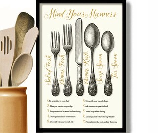 Kitchen Art Print Cooking Art Good Manners Vintage Dining Silverware Art Cooking Gift Fine Dining Fork Spoon Knife Pantry Sign