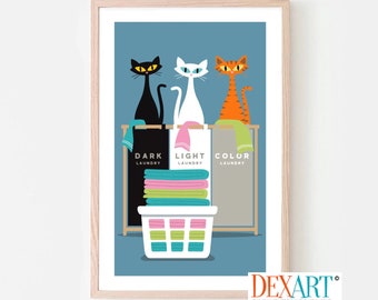 May include: Illustration of three cats sitting on top of laundry hampers labeled "Dark Laundry", "Light Laundry", and "Color Laundry".