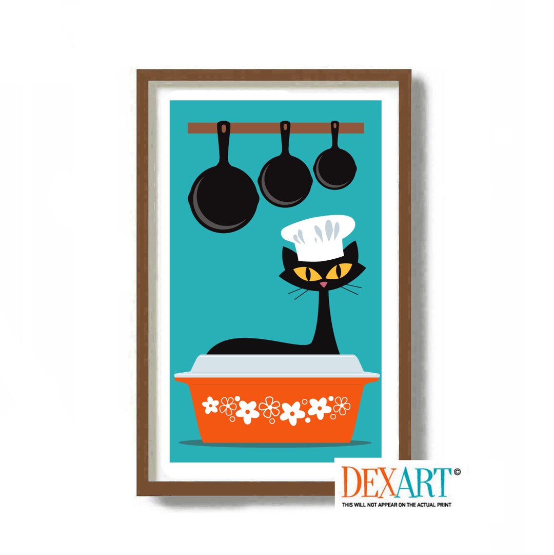 Mid Century Modern Kitchen Wall Art, Black Cat Print, Colorful Glass