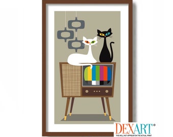 Mid Century Modern Wall Art, Cat Art Print, Cat Lover Gift, Black Cat Art Print, White Cat Art, Old Television, Black Cat Gift Idea