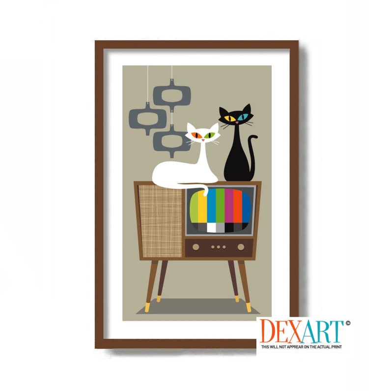 Mid Century Modern Wall Art, Cat Art Print, Cat Lover Gift, Black Cat Art Print, White Cat Art, Old Television, Black Cat Gift Idea image 1