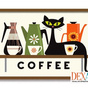 May include: A black cat sits on a shelf with three coffee pots and three mugs. The coffee pots are green, orange, and brown. The mugs are white with a flower design. The text "COFFEE" is written below the shelf.
