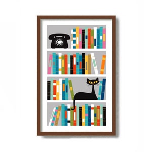 Mid Century Modern Cat Art Print, Book Shelf, Black Cat