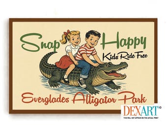 Old Florida Art Print, Alligator Wall Art, Florida Postcard, Vintage Florida Decor Gator Park, Palm Tree, Florida Style, Locals Only Sign
