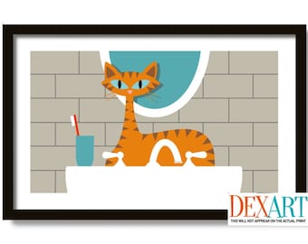 Orange Cat Lover Gift, Mid Century Modern Art, Cat Decor Art Print, Cat Bath Bathroom Decor, Tabby Cat, Powder Room Sign Old Sink, Tiger Cat