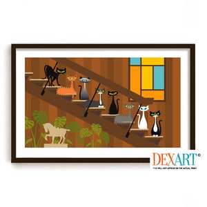Mid Century Modern Cat Art Print, Retro TV Cats, Family Portrait (11x17)