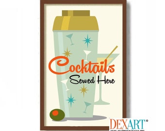 Vintage Cocktail Shaker Art Print, Signature Cocktail Poster, Mid Century Modern Art Bar Sign, Bartender Gift, Bar Decor Martini Wall Art