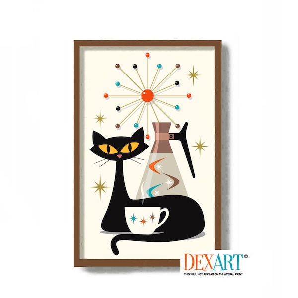 Mid Century Modern Black Cat Art Print, Wall Art, Retro Kitchen Decor, Coffee Lover Gift, Retro Coffee Pot, DexMex Atomic Star Decor