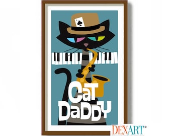 Atomic Black Cat Jazz Poster Wall Art Print, Mid Century Modern Art, New Orleans, Cat Poster, Cat Lover Gift, Music Lover Gift, Night Club