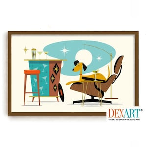 Mid Century Modern Atomic Dog Art Print, Atomic Dog Wall Art, Mutt Dogs, Labrador Retriever, Gift for Dog Lover, Eames Chair