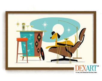 Mid Century Modern Atomic Dog Art Print, Atomic Dog Wall Art, Mutt Dogs, Labrador Retriever, Gift for Dog Lover, Eames Chair