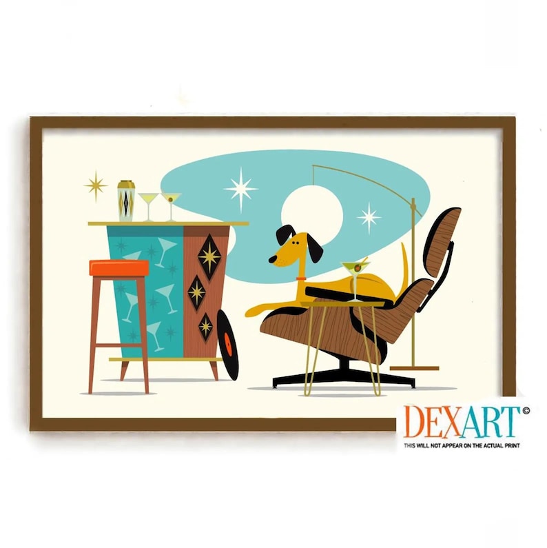 Mid Century Modern Atomic Dog Art Print, Atomic Dog Wall Art, Mutt Dogs, Labrador Retriever, Gift for Dog Lover, Eames Chair image 1