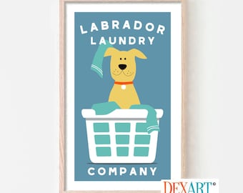 Laundry Room Decor with Dogs, Laundry Sign, Labrador Retriever Wall Art Print, Washing Machine, Laundry Soap, Yellow Dog, Laundry Hamper