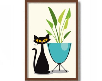 Cats and Plants, Mid Century Modern Art Print, Black Cat Lover Gift, Tropical Decor, Indoor Planter Florida Decor Print