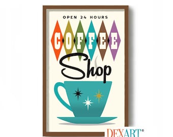May include: Retro-style coffee shop sign with a teal coffee cup and saucer, colorful diamond shapes, and the text "OPEN 24 HOURS COFFEE Shop".