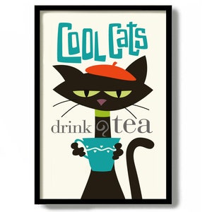 Tea Lover Gift Idea Tea Drinker Kitchen Art English Tea Black Cat Art Print Mid Century Modern Design Cat Decor English Tea Cat Lover Gift