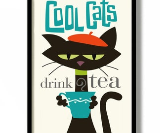 Tea Lover Gift Idea Tea Drinker Kitchen Art English Tea Black Cat Art Print Mid Century Modern Design Cat Decor English Tea Cat Lover Gift