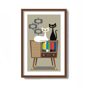 Mid Century Modern Art, Black Cat Art Print, Retro TV, White Cat Art, Old Television, Cat Lover Gift, Veterinarian Gift, Scandinavian