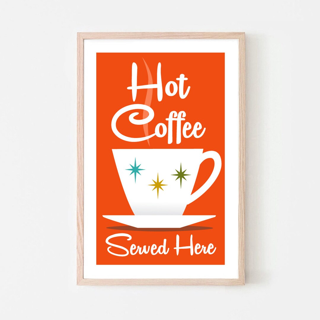 Mid Century Modern Kitchen Art, Retro Coffee Cup, Colorful Cooking