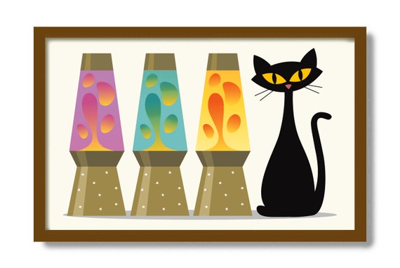 Mid Century Modern Art, Black Cat Art Print, Lava Lamp, Retro Table Lamp, Black Cat Artwork, Rec Room Decor, MCM Wall Art, Cat Lover Gift