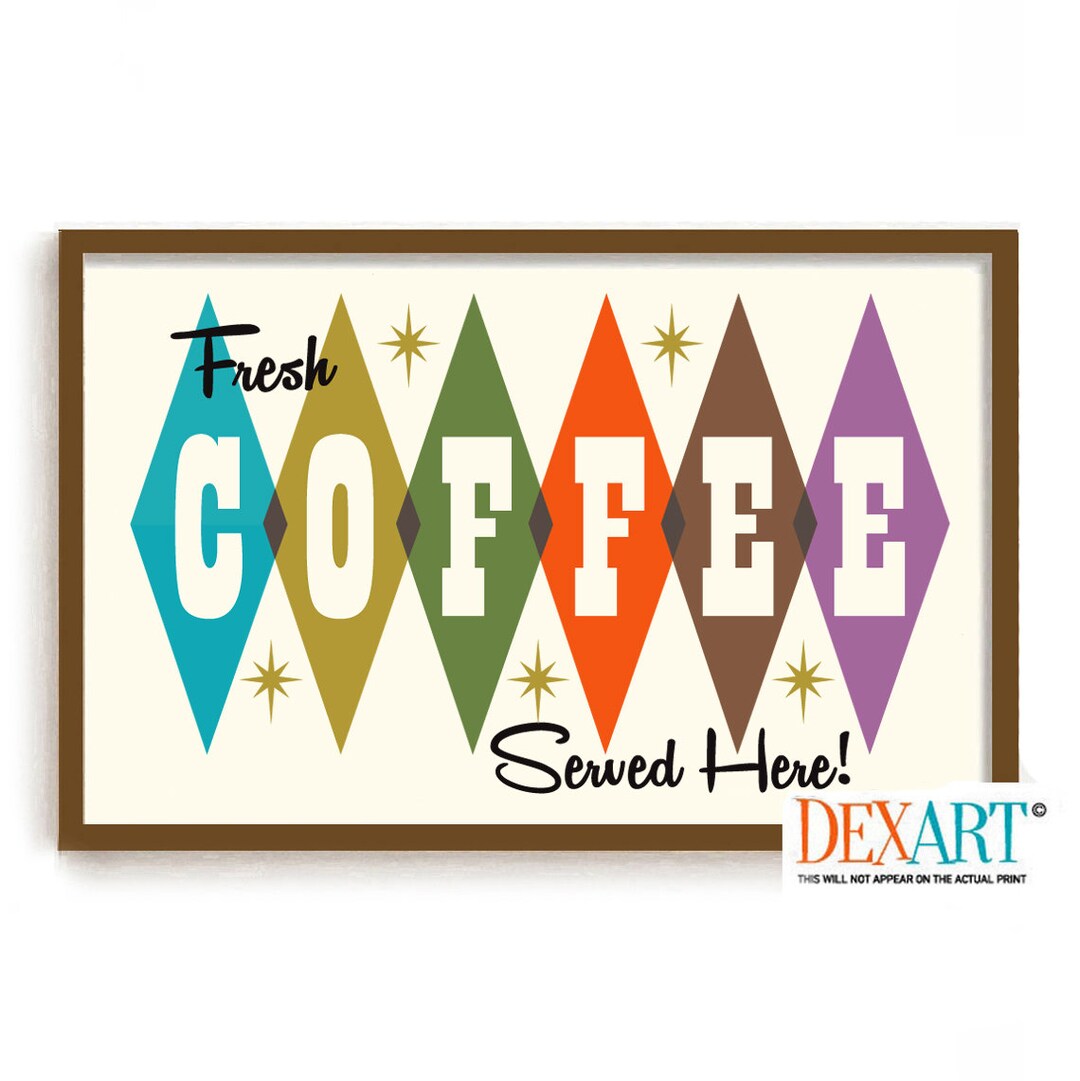 Mid Century Modern Coffee Wall Art Print, Atomic Coffee Sign, Retro ...