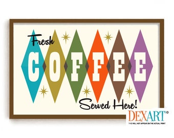 Mid Century Modern Coffee Poster, Kitchen Wall Art Print, Atomic Coffee Sign, Retro Decor, Coffee Art, Palm Springs, Starburst Pattern