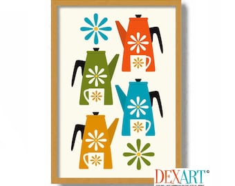 Mid Century Modern Wall Art for Kitchen, Tea Art, Coffee Pot, Coffee Drinker, Retro Decor, Kitsch Decor