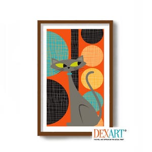 Atomic Cat Art Print Mid Century Modern Gray Tabby Cat Wall Art, Cat Lover Gift, Modernist Wall Decor, Abstract Pattern, Danish Modern