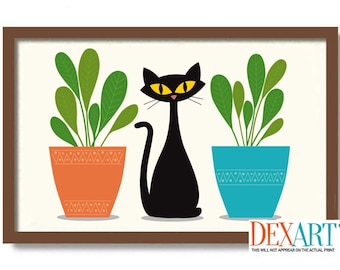 May include: A black cat with yellow eyes sits between two potted plants. The plant on the left has an orange pot with a geometric pattern. The plant on the right has a blue pot with a geometric pattern.