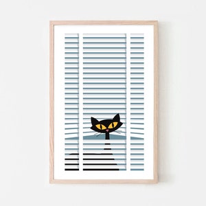 Lámina artística de gato negro moderno de mediados de siglo, regalo para amantes de los gatos, persianas, decoración de pared de cocina, regalo para mamá gatuna, gato atómico