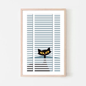 Mid Century Modern Black Cat Art Print, Cat Lover Gift, Window Blinds, Kitchen Wall Decor, Cat Mom Gift, Atomic Cat