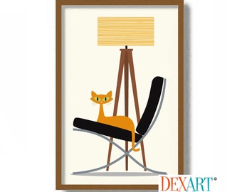 Mid Century Modern Art, Cat Lover Gift, Orange Cat Art Print, Modern Floor Lamp, 11x17 Print, Barcelona Chair, Living Room Wall Art